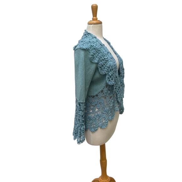 VTG Nine West Cardigan Sz L Blue Ramie Open Front Crochet Bell Sleeve Boho Y2K - Picture 6 of 10